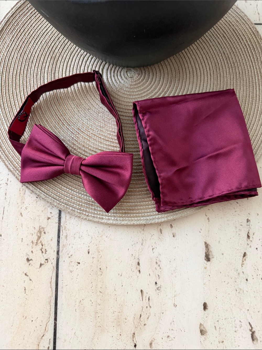 Brand Q Satin Microfibre Pocket Square & Pre-Tied Bow Tie in Burgundy 10"x9.5"